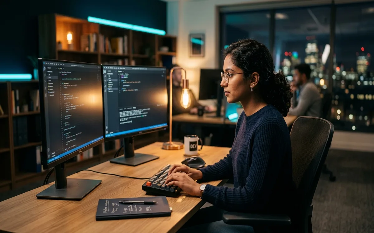 University learner working through structured Python programming in a professional coding workspace